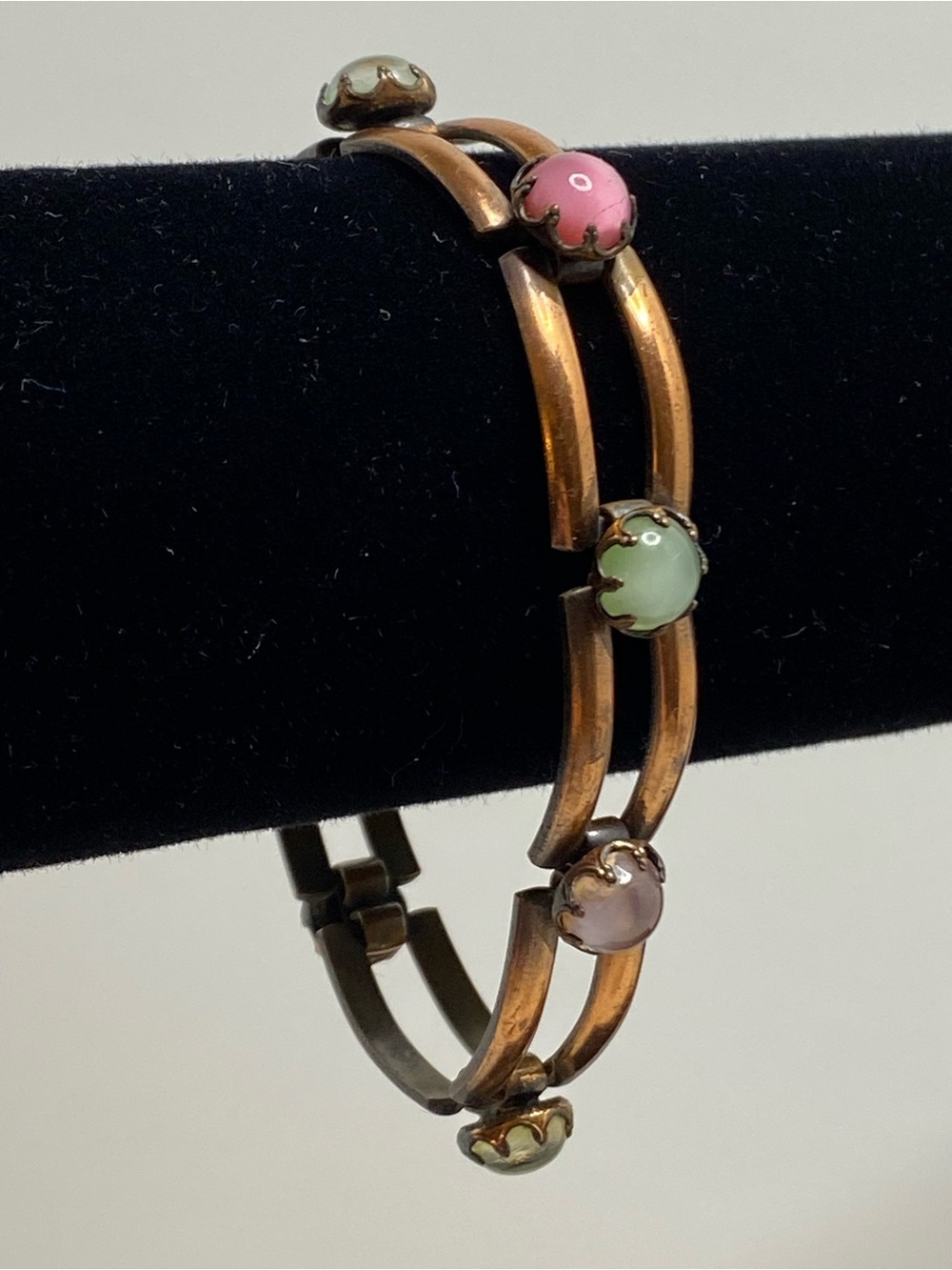 Vintage Copper Tone Moonglow Lucite Cabochon Link Bracelet Pastel MCM